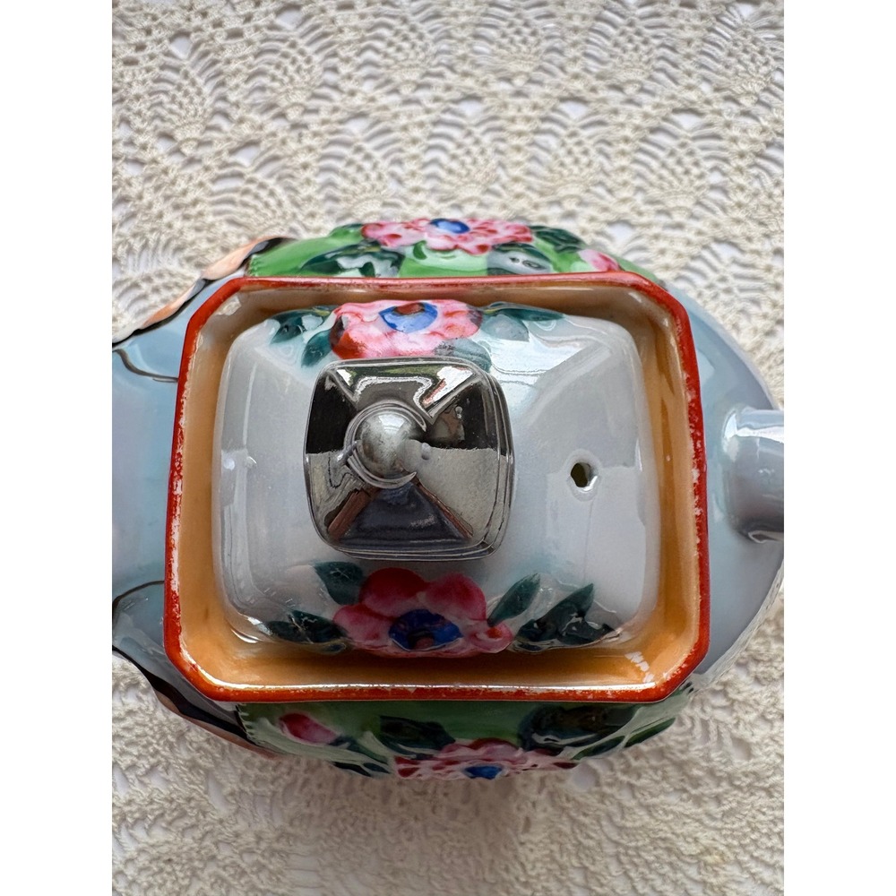 Vintage Elephant Teapot Ceramic Iridescent Luster Glaze Floral Grey Boho Decor - Picture 6 of 8